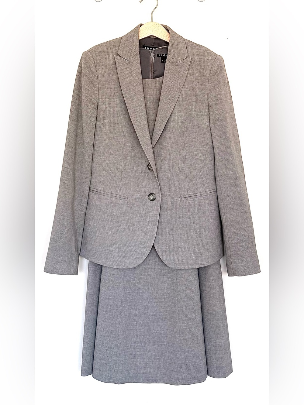 Theory Light Gray Bouclé Tweed Women's Blazer and Skirt Set